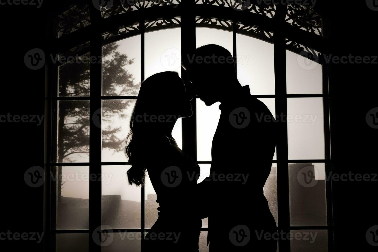 Silhouette of a couple in an intimate embrace against a window, evoking the passion and forbidden desires portrayed in the story. Generative AI photo