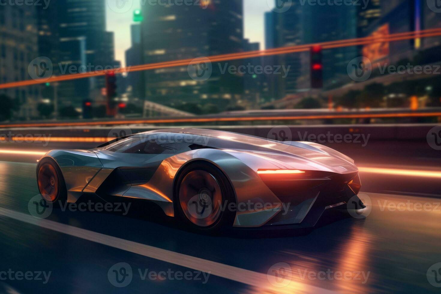 Futuristic Self-Driving sport car moving on a highway in a modern city. Generative AI photo
