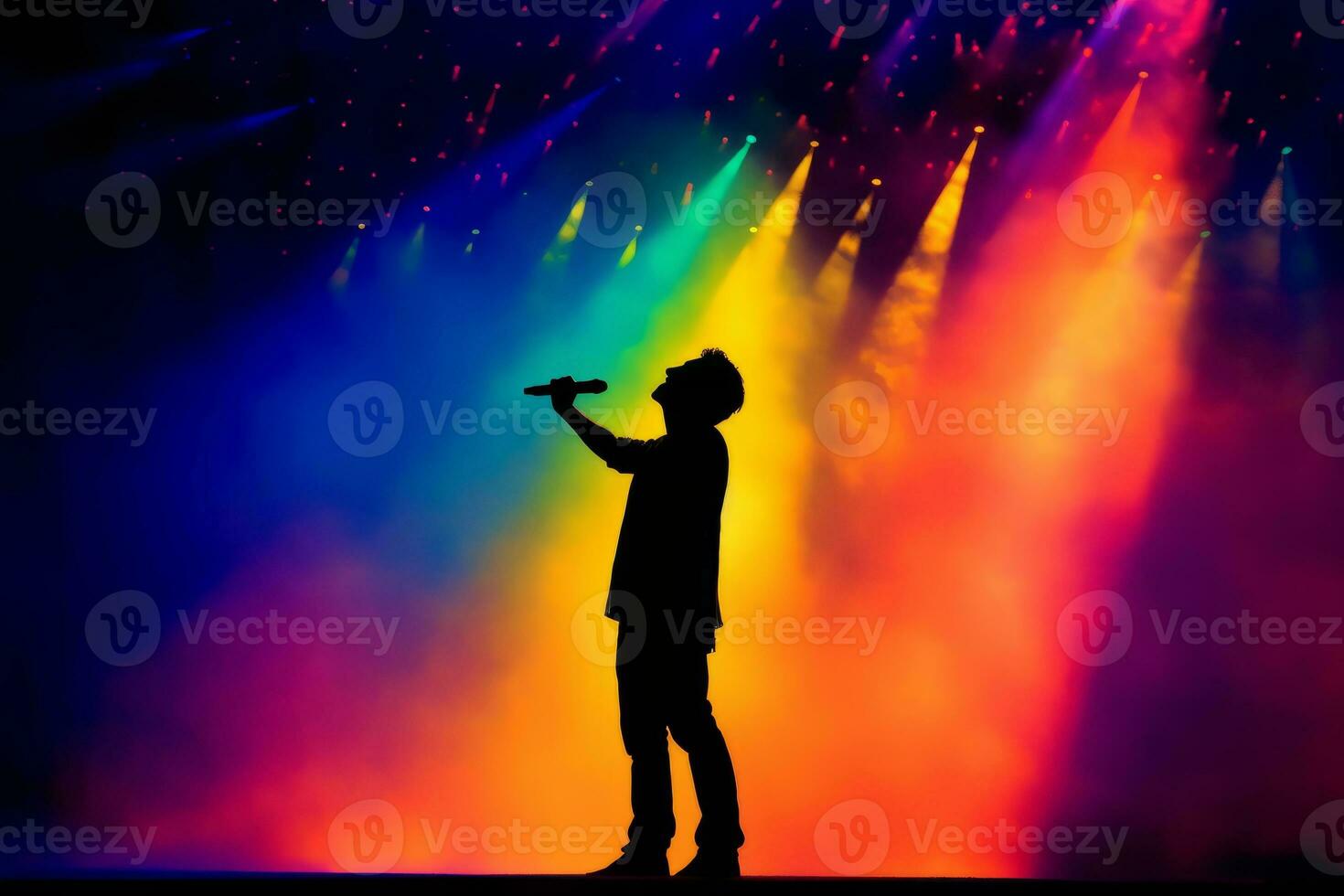 Silhouette of a singer on stage with a colorful light show in the background. Generative AI photo