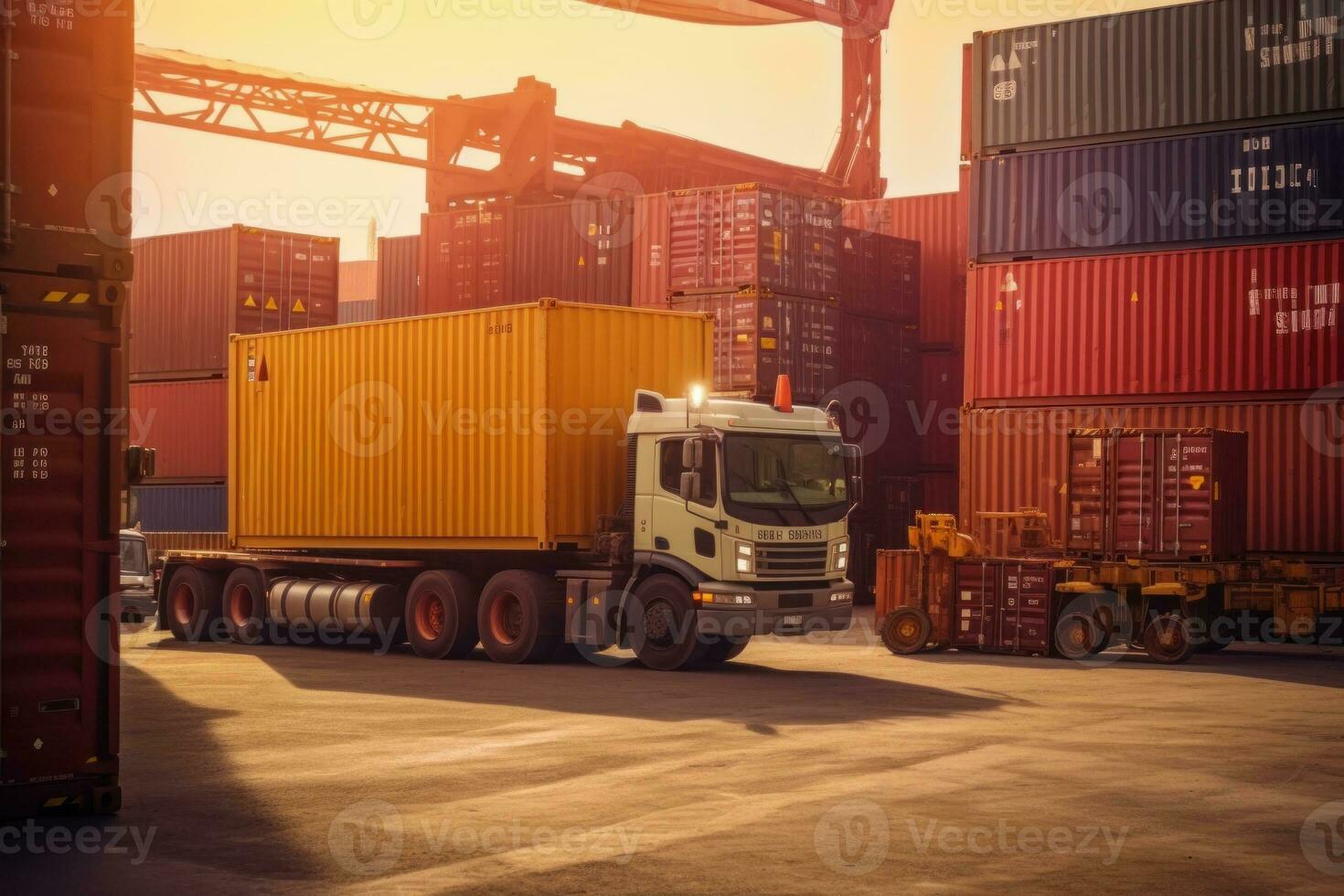 Side loader handling cargo container and loading to truck in import export logistic zone. Generative AI photo
