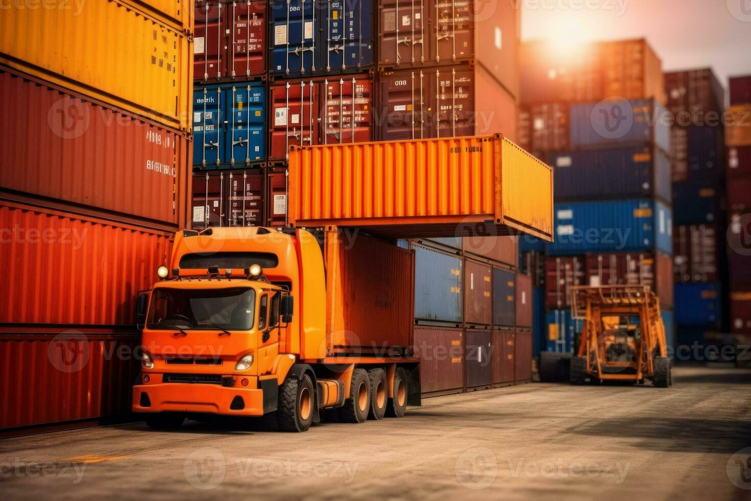 Side loader handling cargo container and loading to truck in import export logistic zone. Generative AI photo