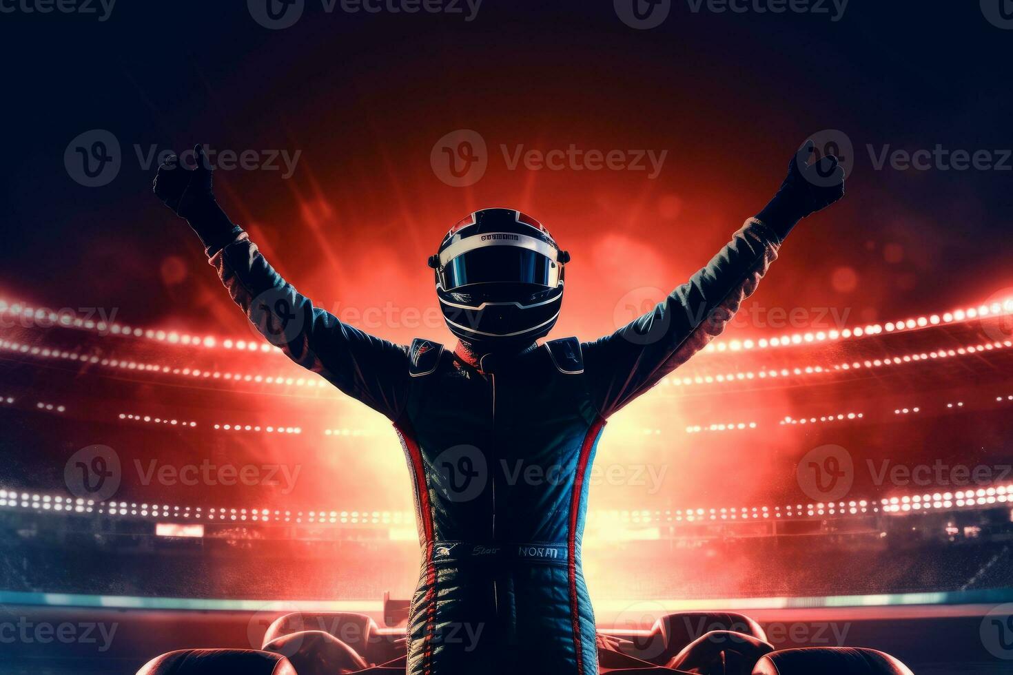 Silhouette of race car driver celebrating the win in a race against bright stadium lights. Generative Ai photo