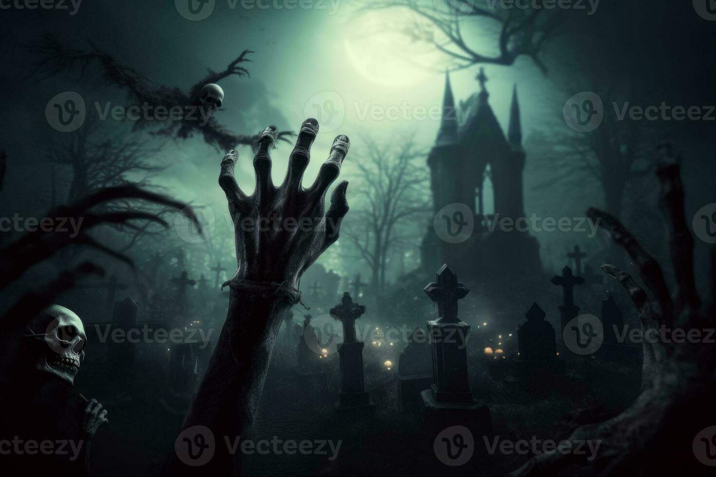 Skeleton hands rising from a graveyard. Concept Halloween background. Generative AI photo