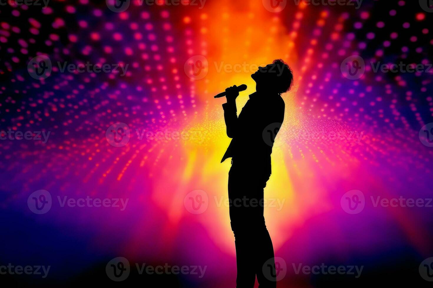 Silhouette of a singer on stage with a colorful light show in the background. Generative AI photo