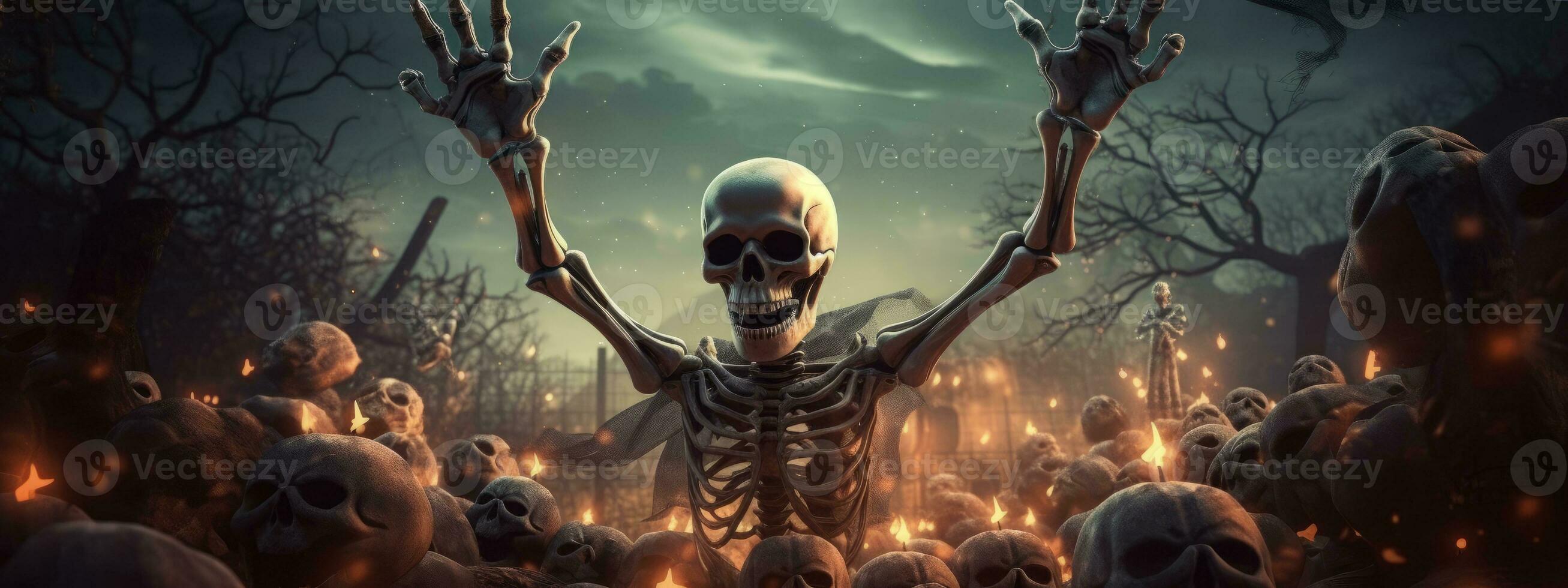 Skeleton hand rising from a graveyard at Halloween in a spooky cemetery