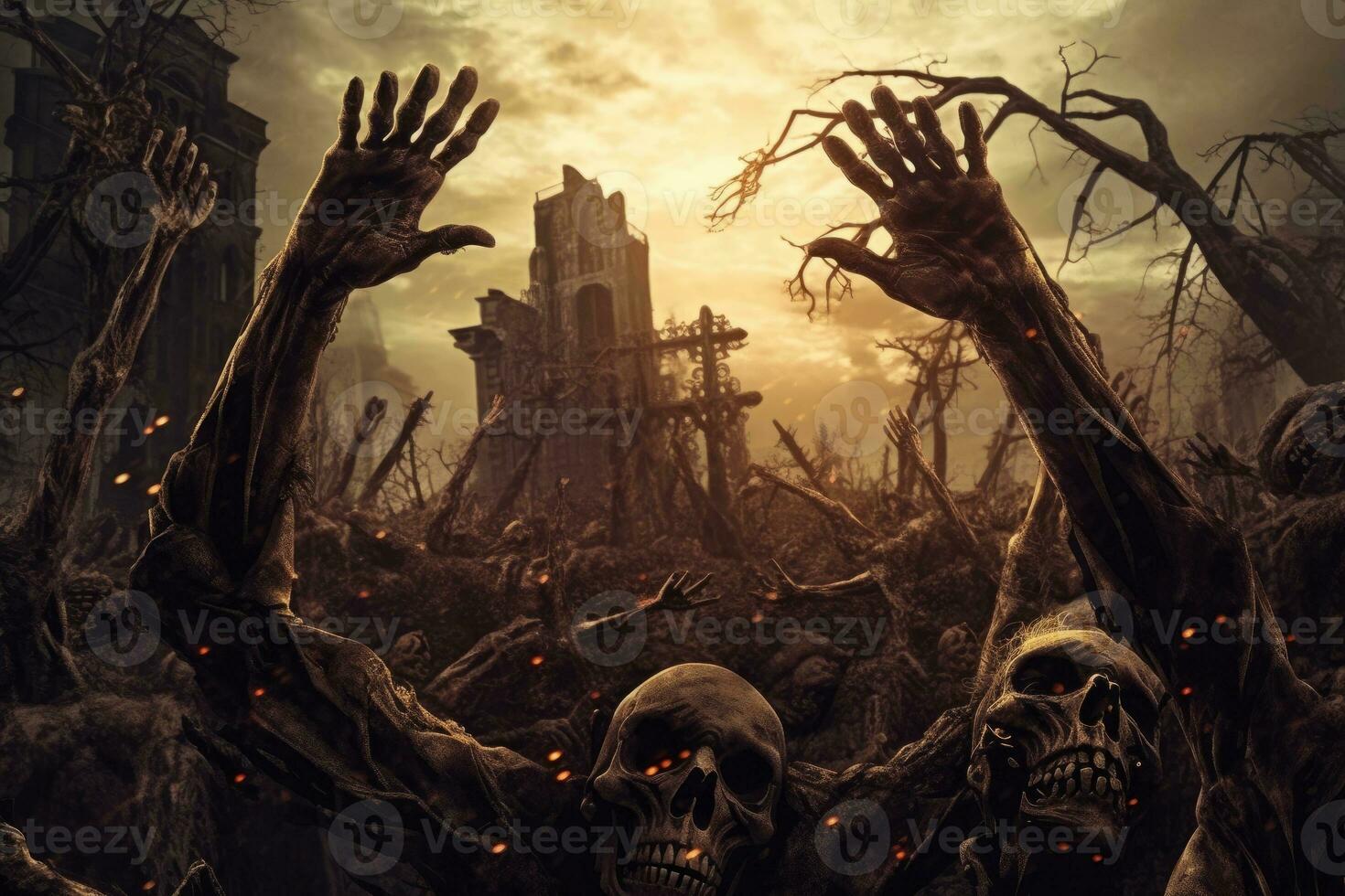 Skeleton hands rising from a graveyard. Concept Halloween background. Generative AI photo