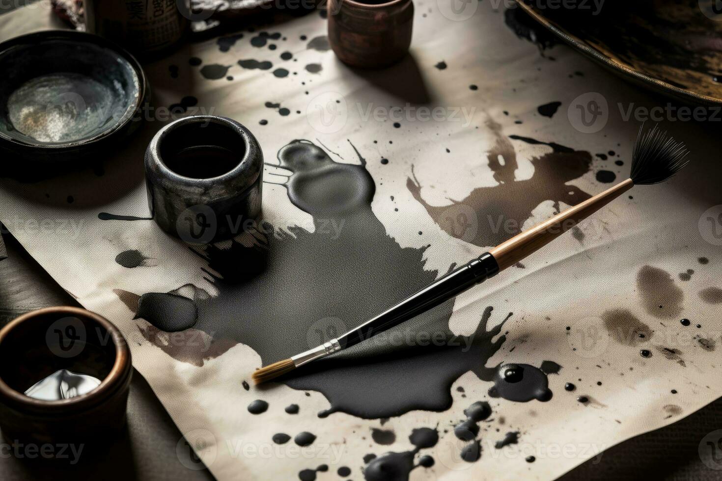 Sumi-e ink blots and splatters from the point of a brush onto silk charcoal-colored paper. Abstract patterns with a monochrome color scheme. Generative Ai photo