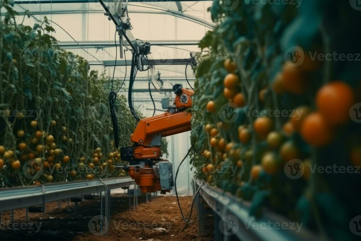 Technology automation of agriculture. System control robot during quality control and harvesting hydroponic vegetables in a greenhouse. Generative AI photo