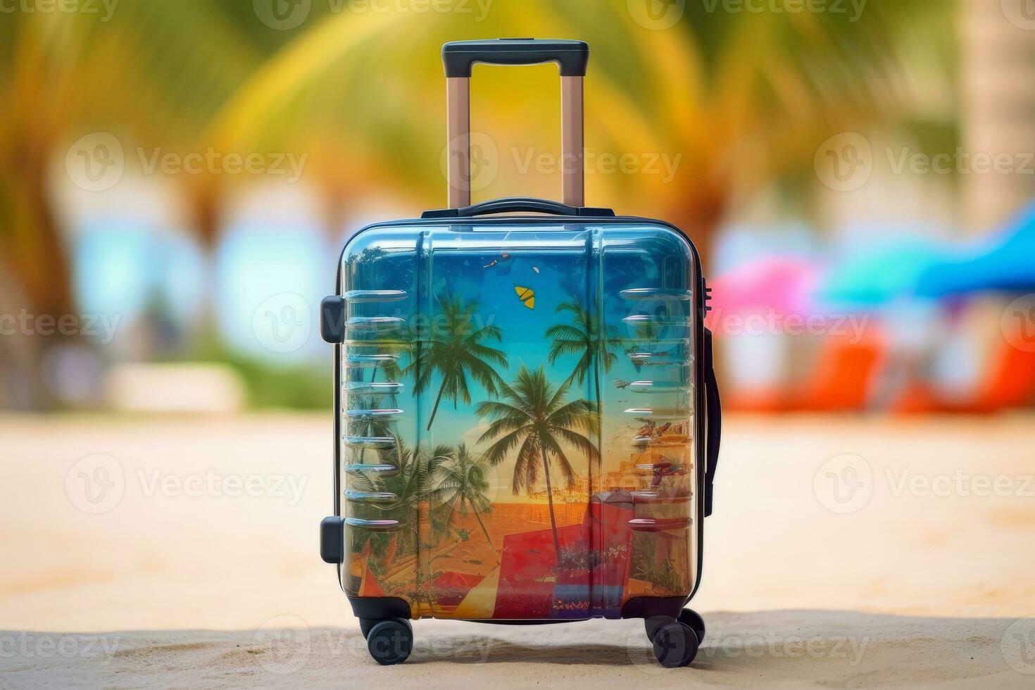 One travel suitcase ready for journey. Tropical beach with sunny sea and palm leafs in background. Generative AI photo