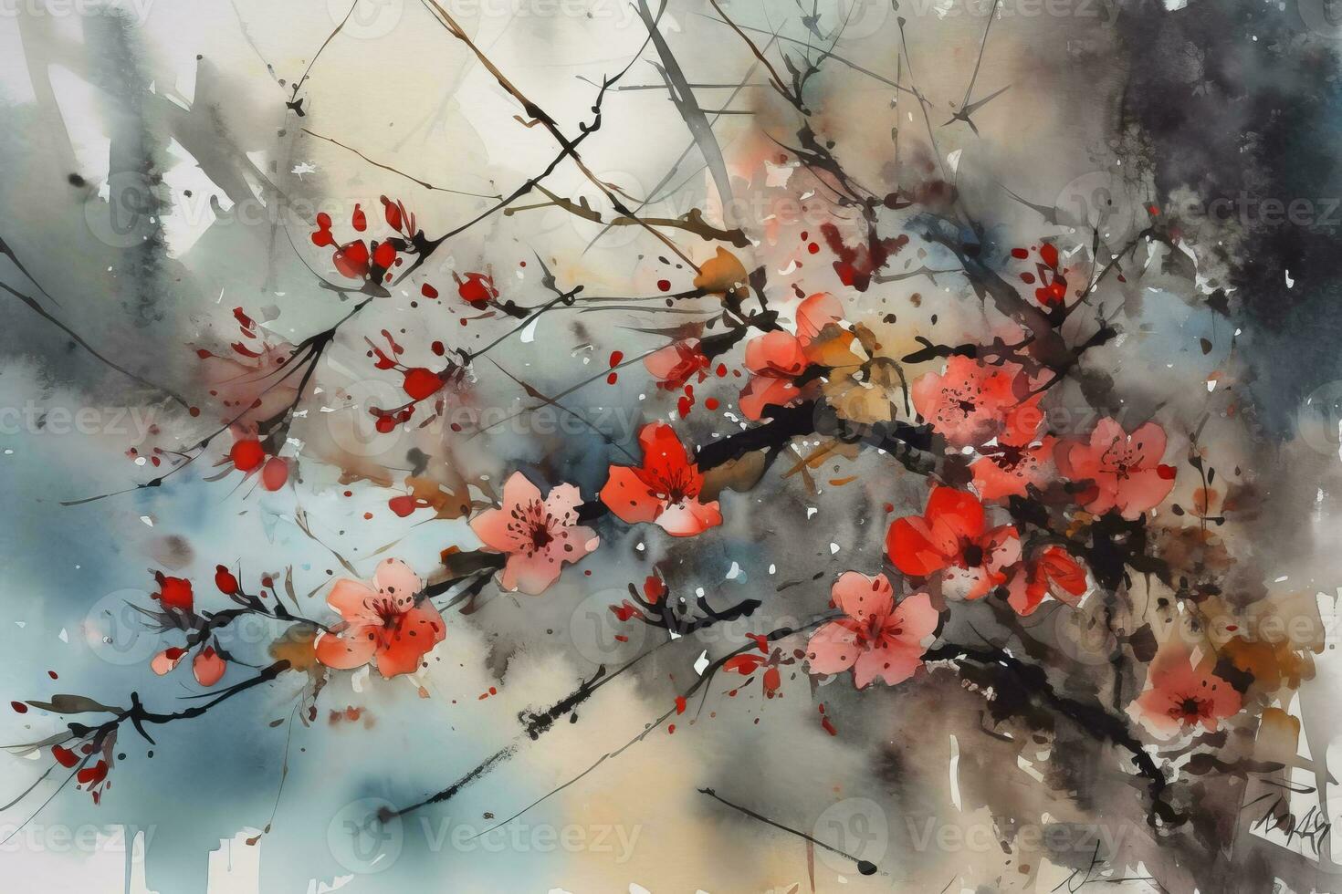 Cherry blossom tree in traditional Japanese painting Sumi-e ink art. AI generative. photo
