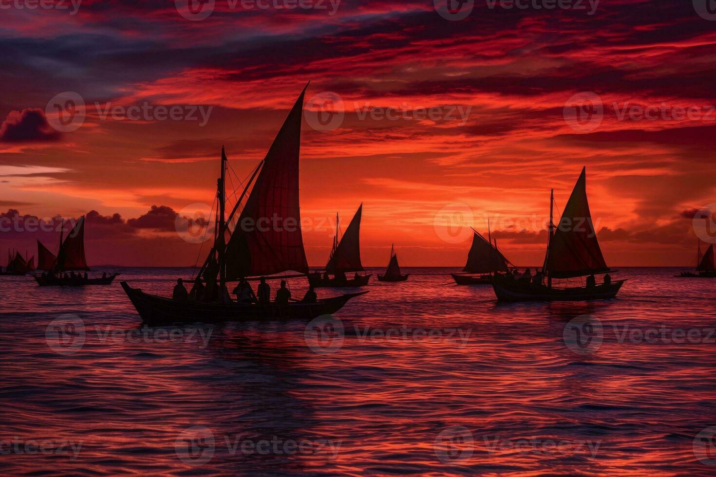Traditional outrigger canoes gliding across glassy azure waters under a crimson and violet sunset, with sailing crews at the ready to drop nets or lines. Generative AI photo