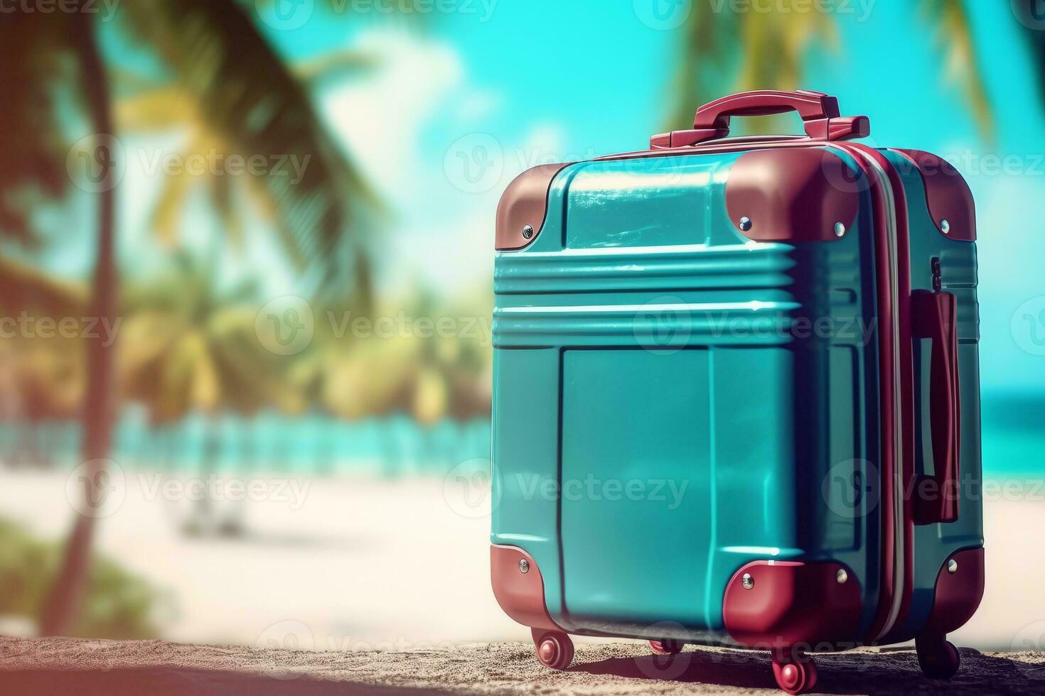 One travel suitcase ready for journey. Tropical beach with sunny sea and palm leafs in background. Generative AI photo