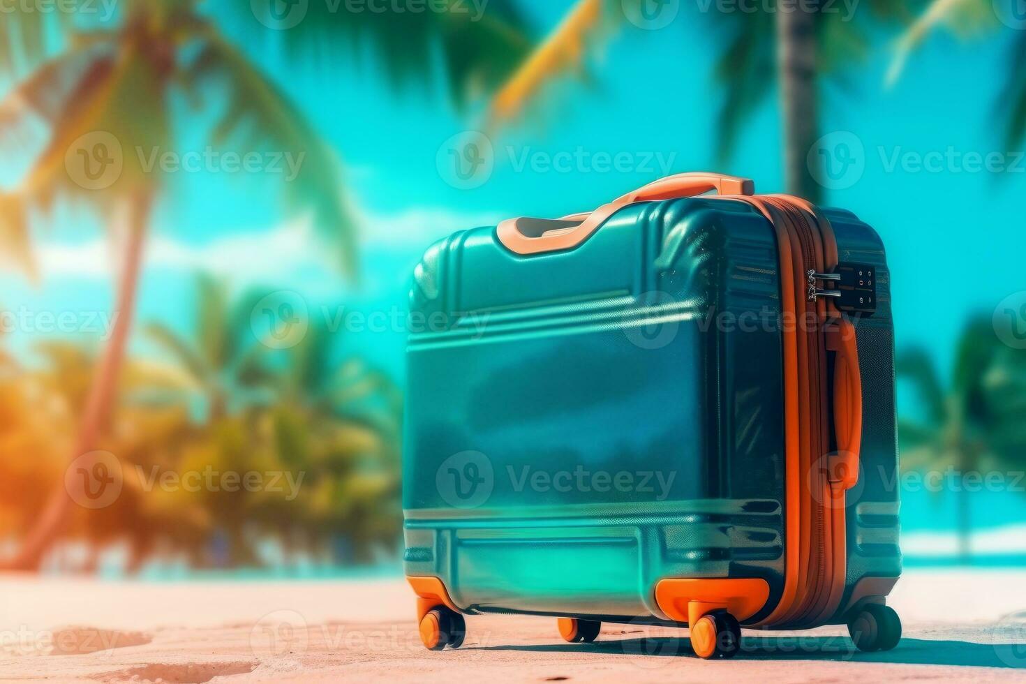 One travel suitcase ready for journey. Tropical beach with sunny sea and palm leafs in background. Generative AI photo