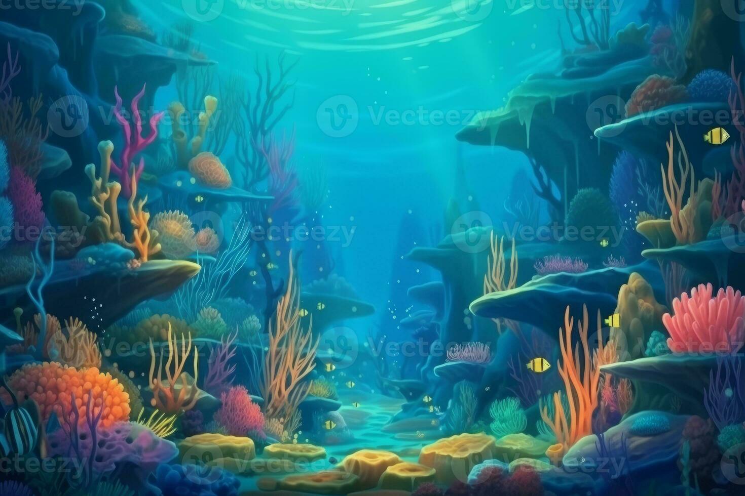 Illustration underwater scene with coral reef and exotic fish. Generative Ai photo