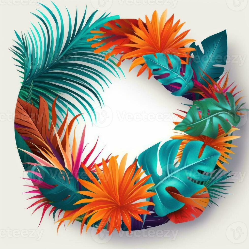 White circle surrounding by colorful vector palms and monstera leaves. Generative Ai photo
