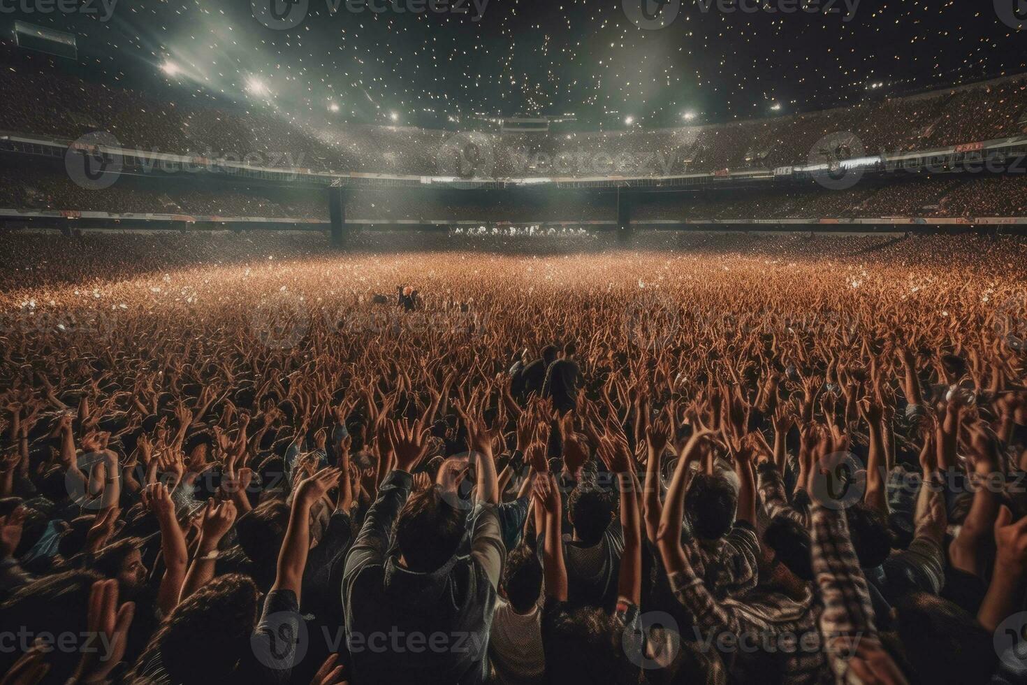 Wide-angle shot of a packed stadium during a concert with a sea of hands raised in the air. Generative Ai photo