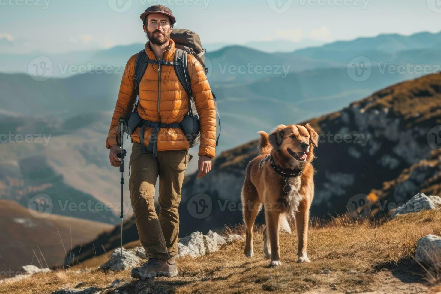 Man with a backpack hiking with his beautiful dog in the mountains. Concept a sense of adventure and freedom. Generative Ai photo