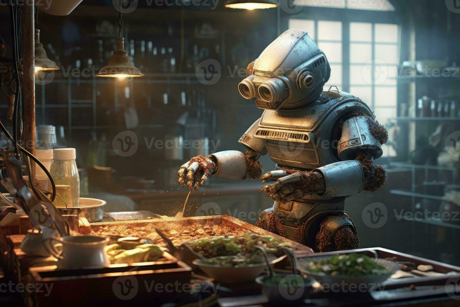 A robot chef , cooking in a kitchen and showcasing culinary skills. Generative AI photo