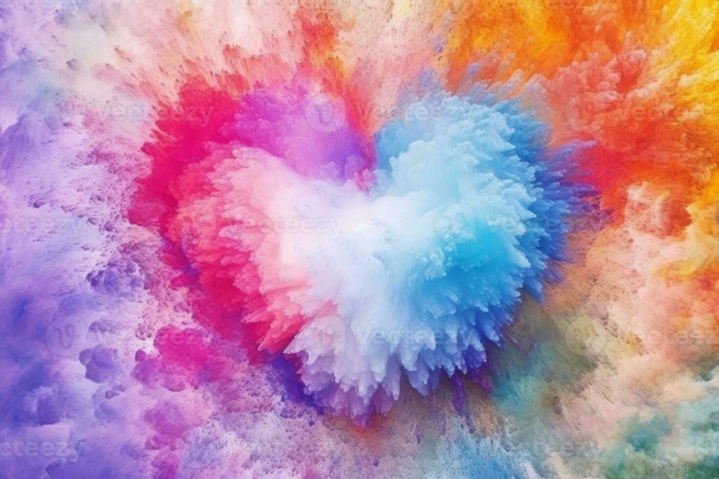 Abstract background with heart in rainbow colors, rainbow explosion powder. Generative AI photo