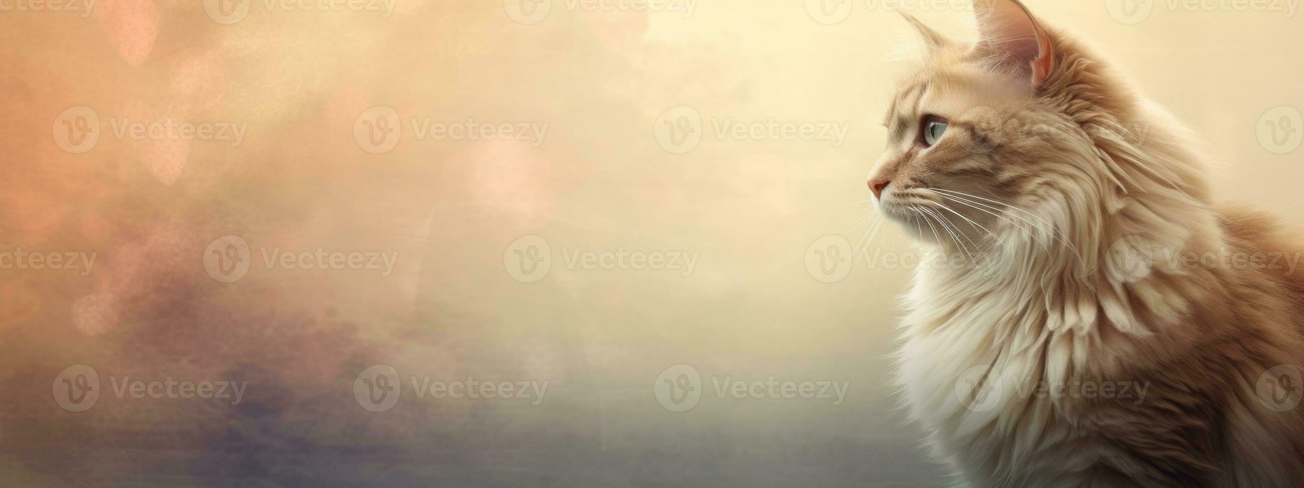 Cat in soft beige background banner with copy space. Generative AI photo