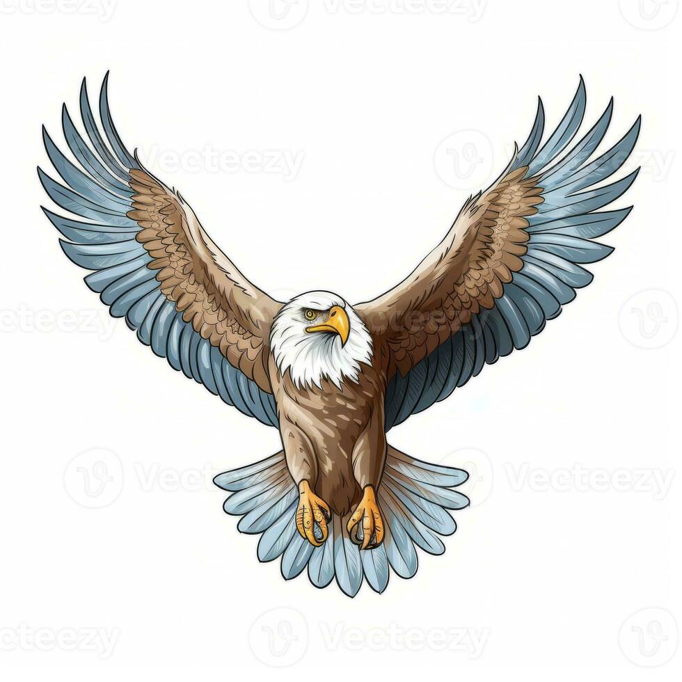 An vector illustration of a majestic eagle, soaring through the sky with its wings spread wide on white background. Printable design for tattoo, wall art, posters, t-shirts, mugs, cases. Generative AI photo