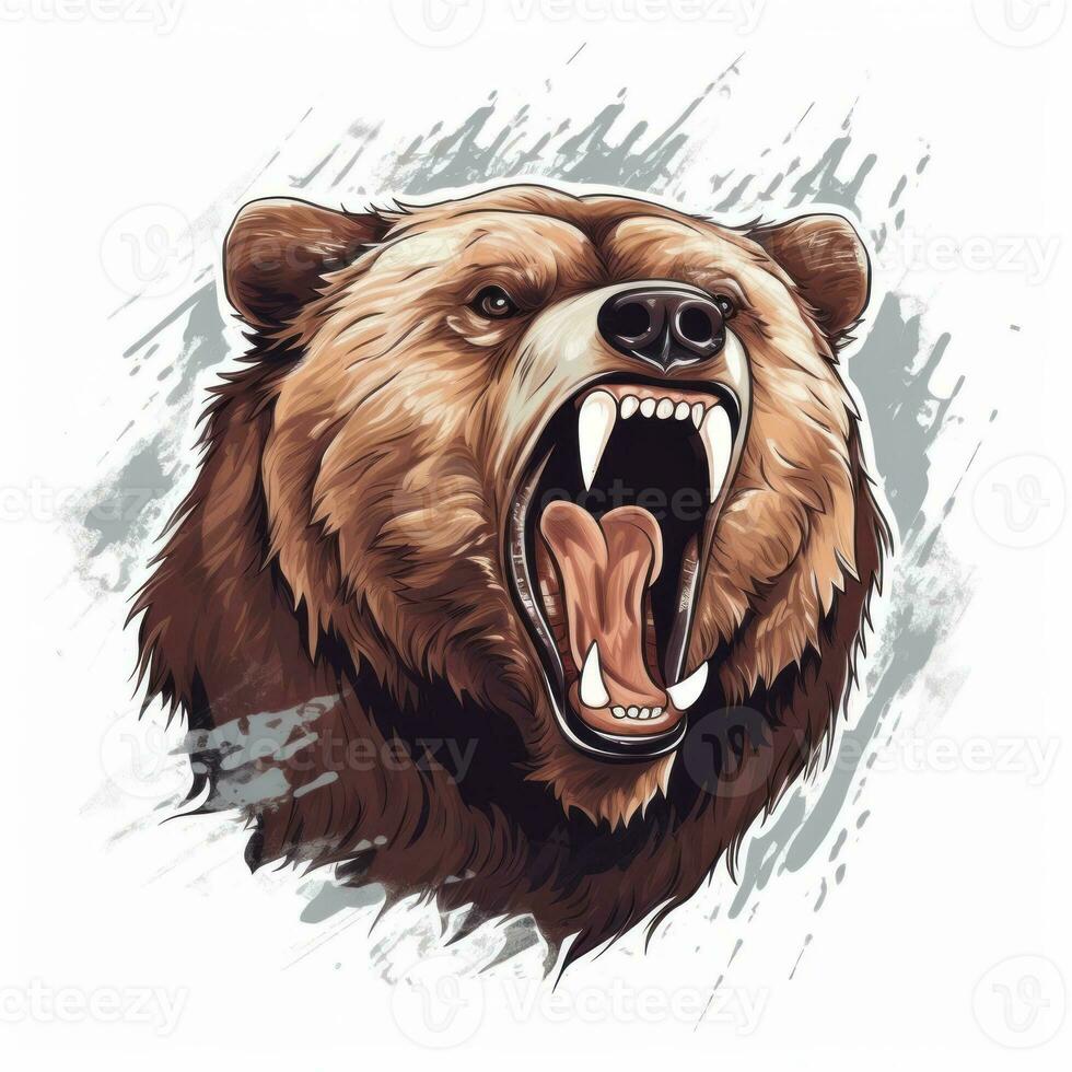 Close up of an vector illustration of a ferocious bear, with sharp claws and teeth, captured in mid-roar on white background. Printable design for tattoo, wall art, posters, t-shirts. Generative AI photo