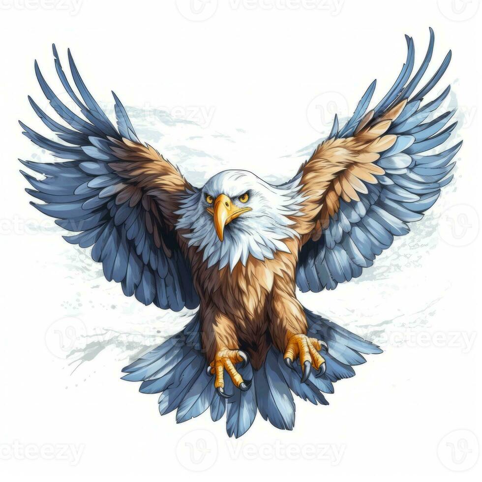 An vector illustration of a majestic eagle, soaring through the sky with its wings spread wide on white background. Printable design for tattoo, wall art, posters, t-shirts, mugs, cases. Generative AI photo