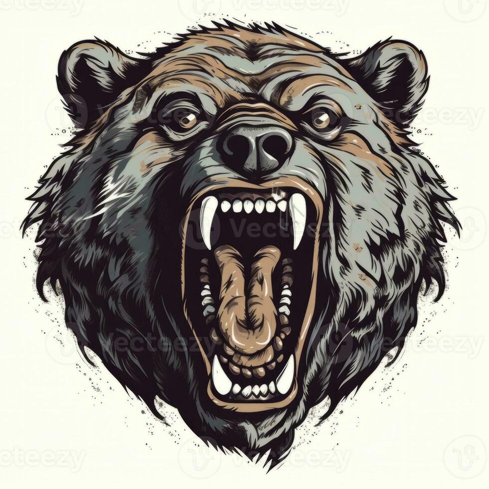 Close up of an vector illustration of a ferocious bear, with sharp claws and teeth, captured in mid-roar on white background. Generative AI photo