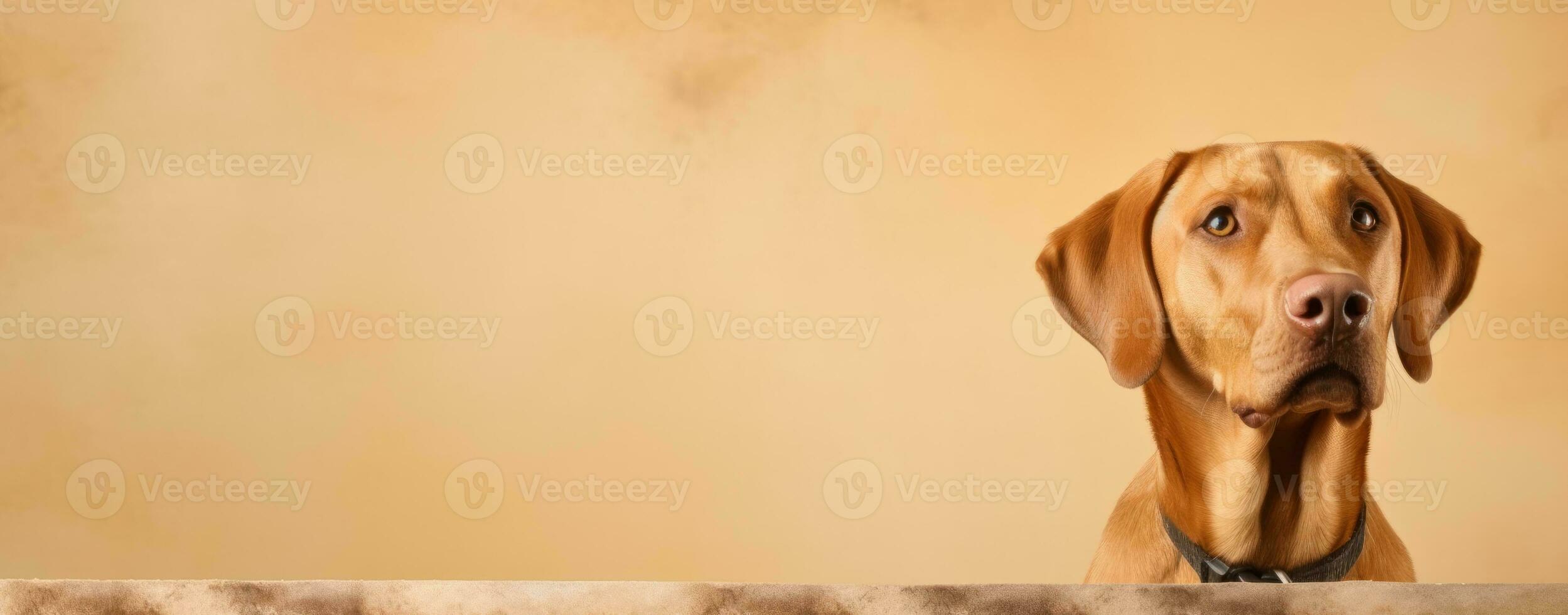 Dog in soft beige background banner with copy space. Generative AI photo