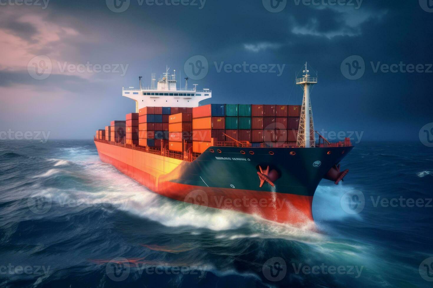 Front view of a dynamic image of cargo ship that run in the middle of the ocean are transported container to the port. Generative AI photo