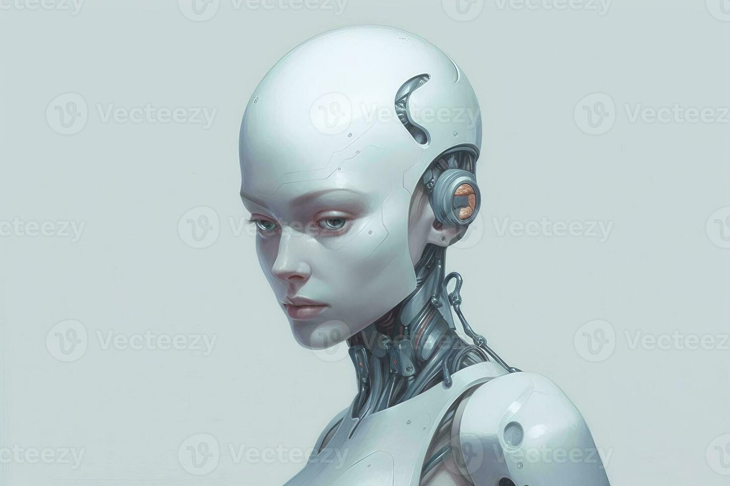 The image depicts a female robot with a sleek, futuristic design. Her face is adorned with bright blue lights that add a touch of sci-fi flair to her otherwise minimalistic appearance. Generative AI photo