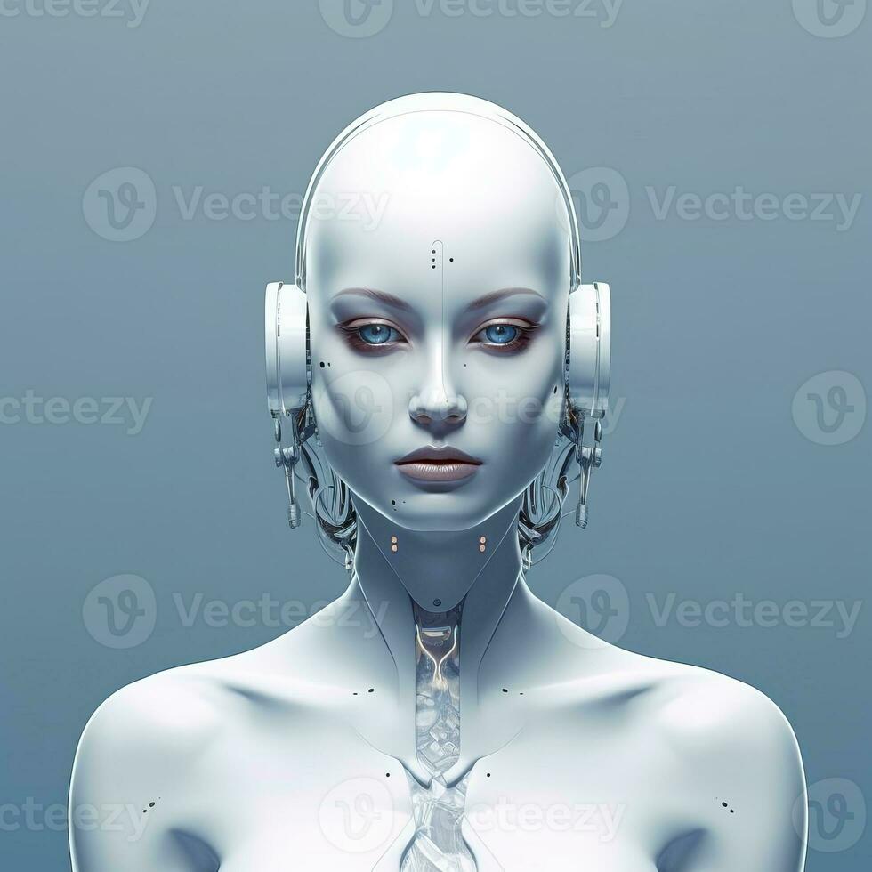 The image depicts a female robot with a sleek, futuristic design. Her