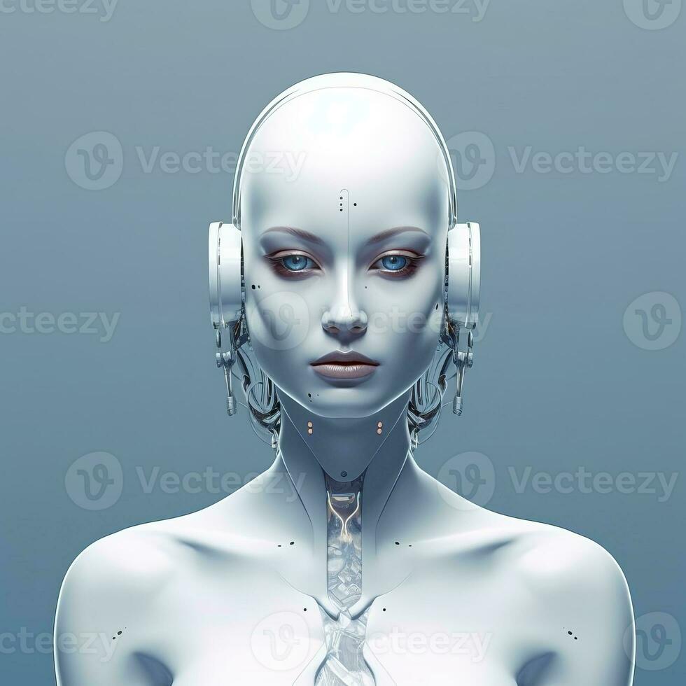 The image depicts a female robot with a sleek, futuristic design. Her face is adorned with bright blue lights that add a touch of sci-fi flair to her otherwise minimalistic appearance. Generative AI photo