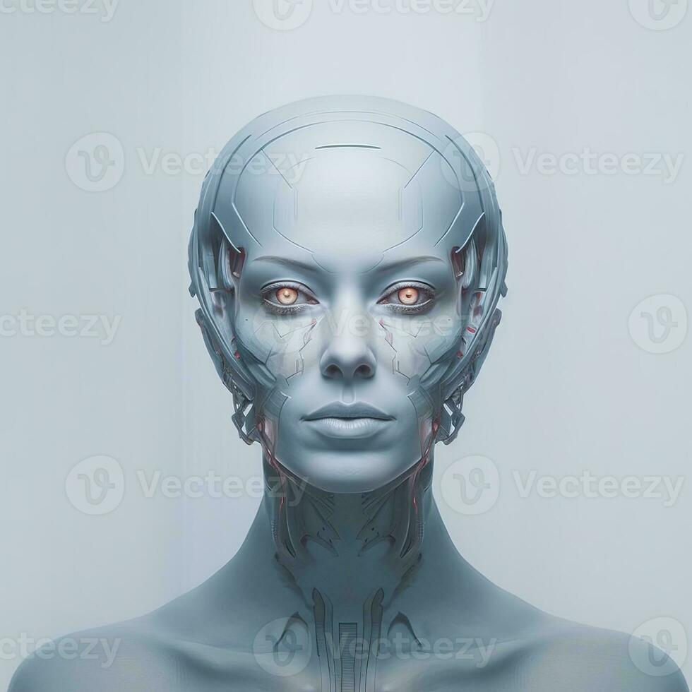 The image depicts a female robot with a sleek, futuristic design. Her face is adorned with bright blue lights that add a touch of sci-fi flair to her otherwise minimalistic appearance. Generative AI photo