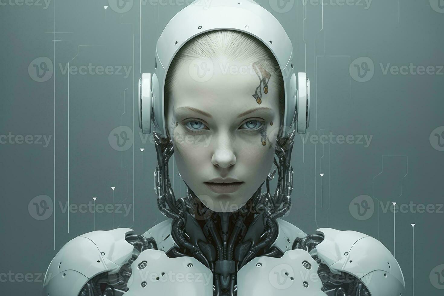 The image depicts a female robot with a sleek, futuristic design. Her
