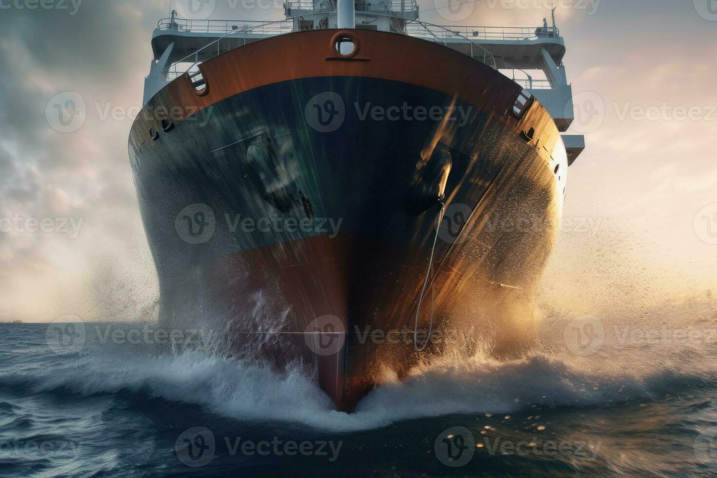 Front view of a dynamic image of cargo ship that run in the middle of the ocean are transported container to the port. Generative AI photo