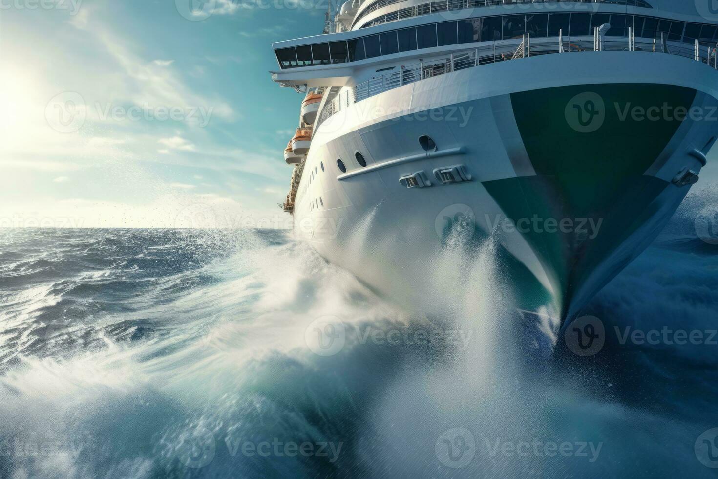 A dynamic image of the bow of a cruise ship cutting through waves, capturing the power and motion of the ship as it plows through the sea. Generative Ai photo