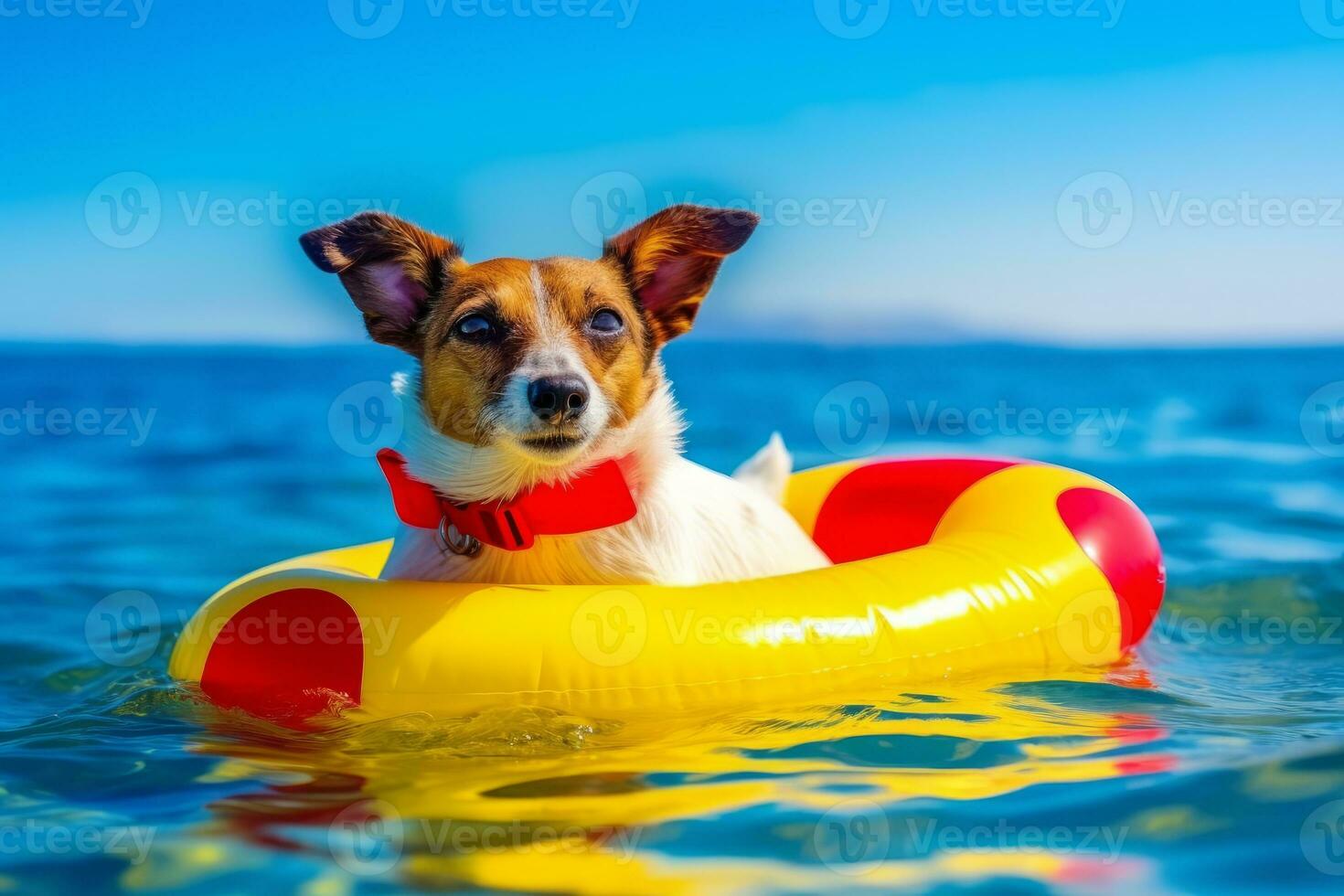Dog on a mattress enjoying in the ocean water, Concept summer vacation holidays. Generative AI photo
