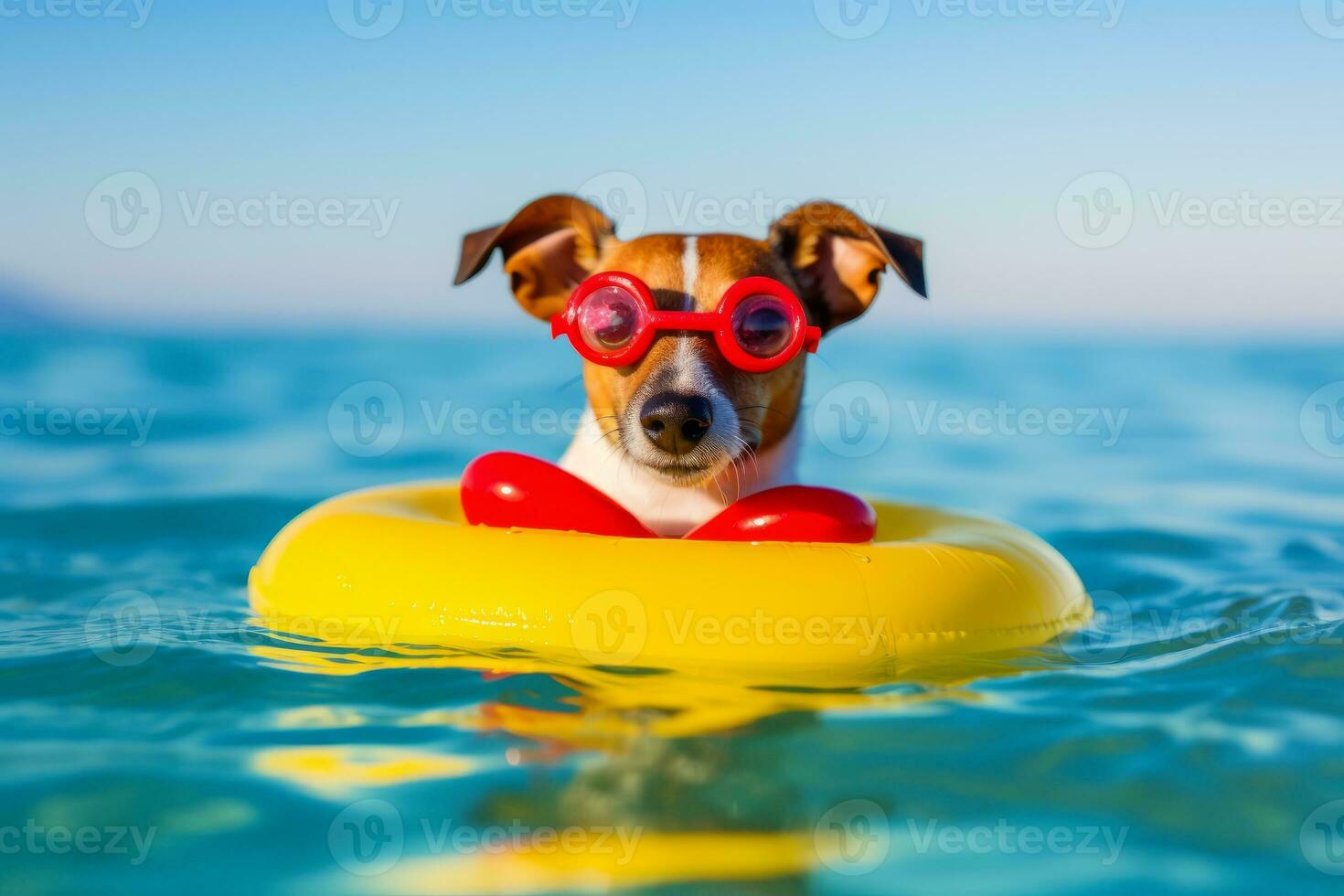 Dog on a mattress enjoying in the ocean water, Concept summer vacation holidays. Generative AI photo