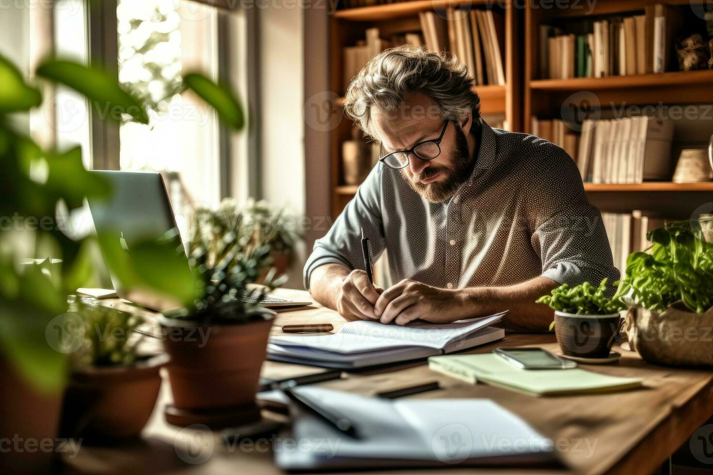 A person sitting at a desk, surrounded by tax documents and a calculator.Concept representing the growth and progress that can come from successful tax planning. Generative AI photo