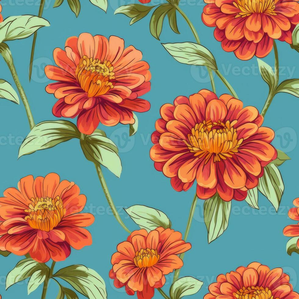 Seamless fabric pattern of colorful bright zinnias flower. Design for paper, cover, fabric, interior decor, textile and other users. Generative AI photo