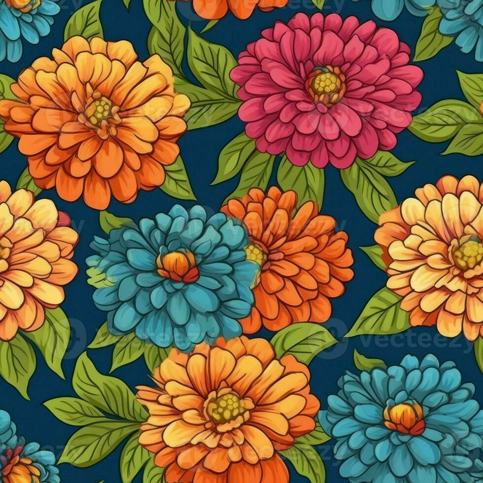 Seamless fabric pattern of colorful bright zinnias flower. Design for paper, cover, fabric, interior decor, textile and other users. Generative AI photo