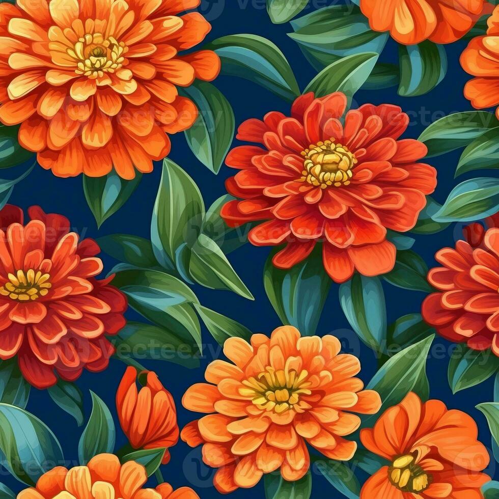 Seamless fabric pattern of colorful bright zinnias flower. Design for paper, cover, fabric, interior decor, textile and other users. Generative AI photo