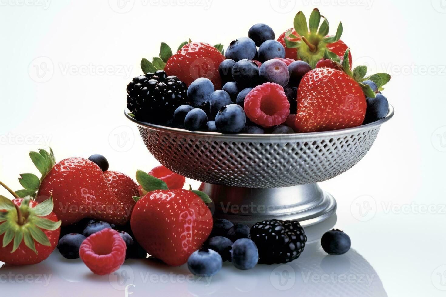 Freshly picked berries, including strawberries, blueberries, raspberries, and blackberries, presented in a visually appealing manner on a clean white surface, ideal for advertisements. Generative AI photo