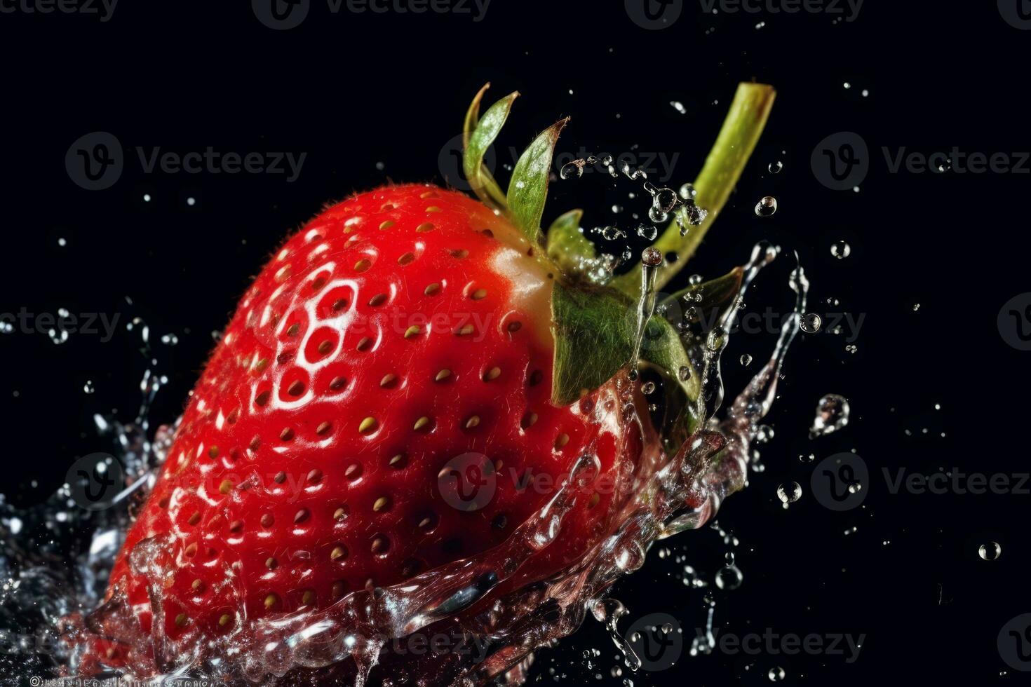 A high-speed capture of a knife slicing through a strawberry, resulting in a burst of juice and seeds, capturing the dynamic and flavorful nature of this fruit. Generative AI photo