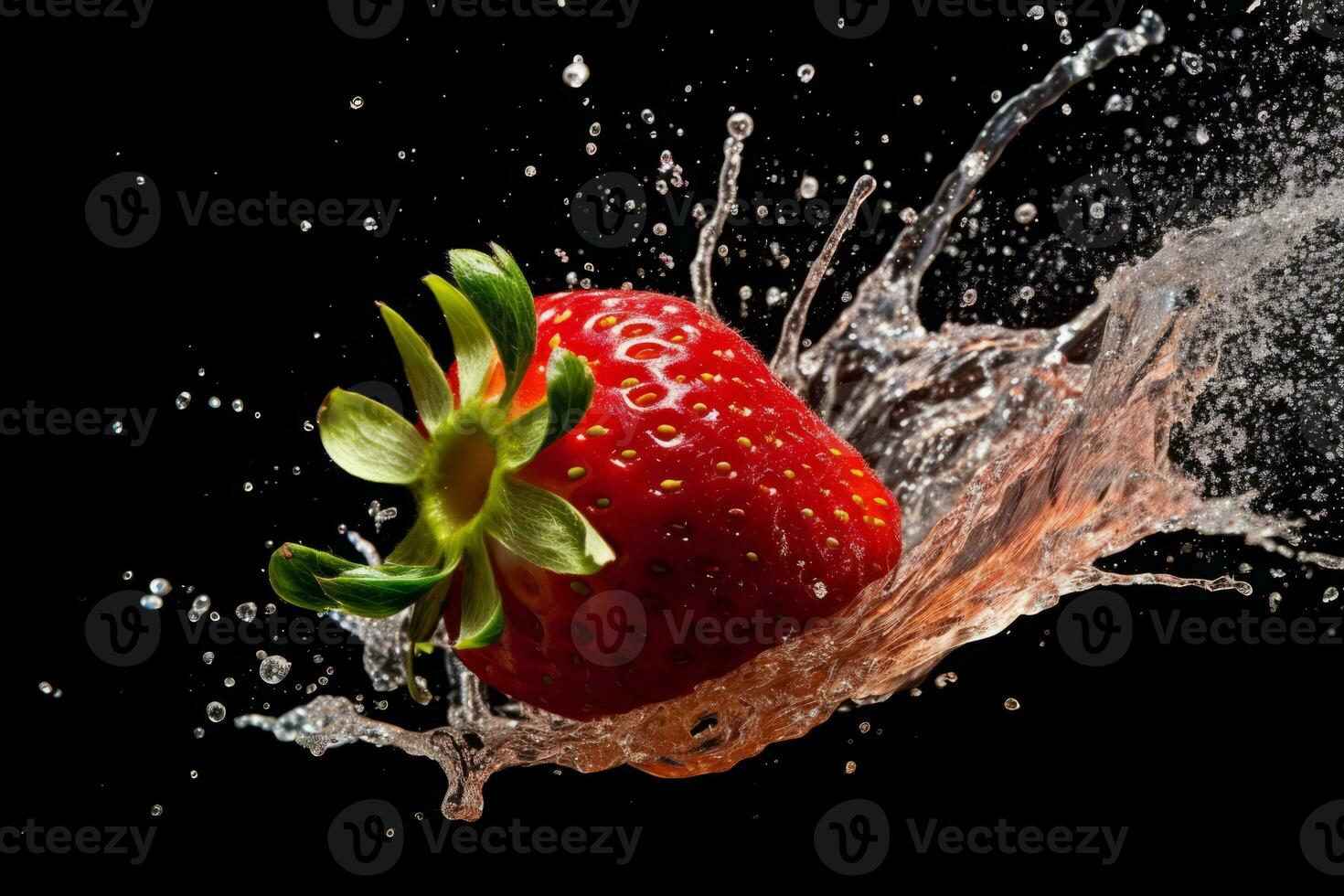 A high-speed capture of a knife slicing through a strawberry, resulting in a burst of juice and seeds, capturing the dynamic and flavorful nature of this fruit. Generative AI photo