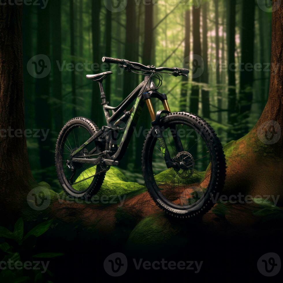 Extreme detailed shot of mountain bike in the forest. Generative Ai photo