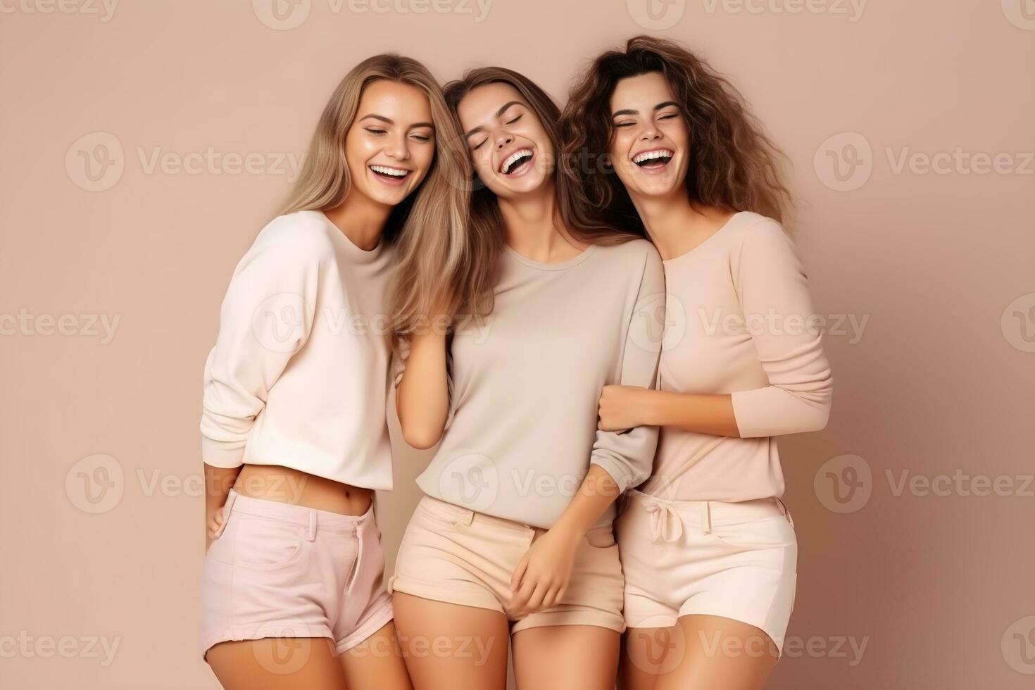 Three lovely female models dressed in pastel standing on studio background smiling, having fun, happy time concept. Generative AI photo