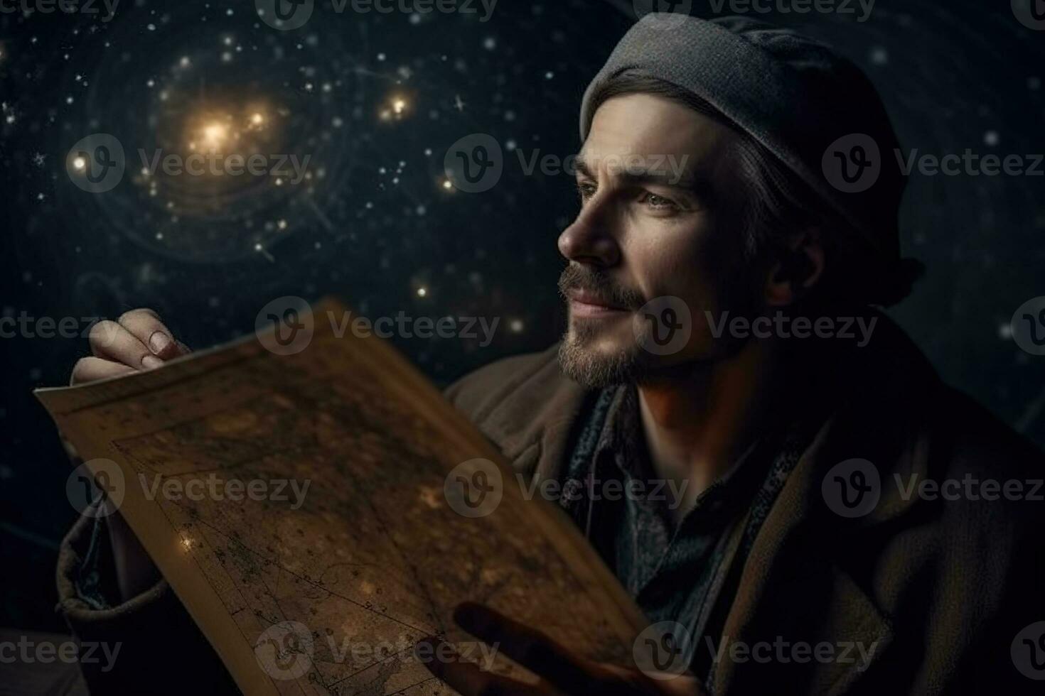 A astronomer gazing up at the night sky filled with stars, holding an antique cosmology chart or sand tray in hand. The movement of celestial bodies shapes destiny and seasons the soul. Generative AI photo