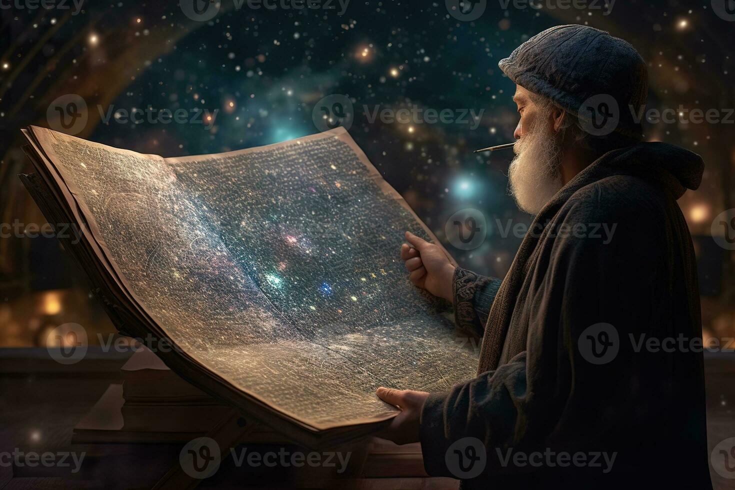 A astronomer gazing up at the night sky filled with stars, holding an antique cosmology chart or sand tray in hand. The movement of celestial bodies shapes destiny and seasons the soul. Generative AI photo